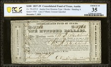 Republic of Texas 1837-1839 AD Austin Consolidated Fund Government Banknote PCGS