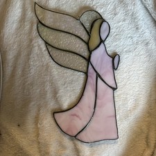 Stained Glass Sun Catcher Pink Angel w/Horn Ornament Handcrafted Christmas 10  
