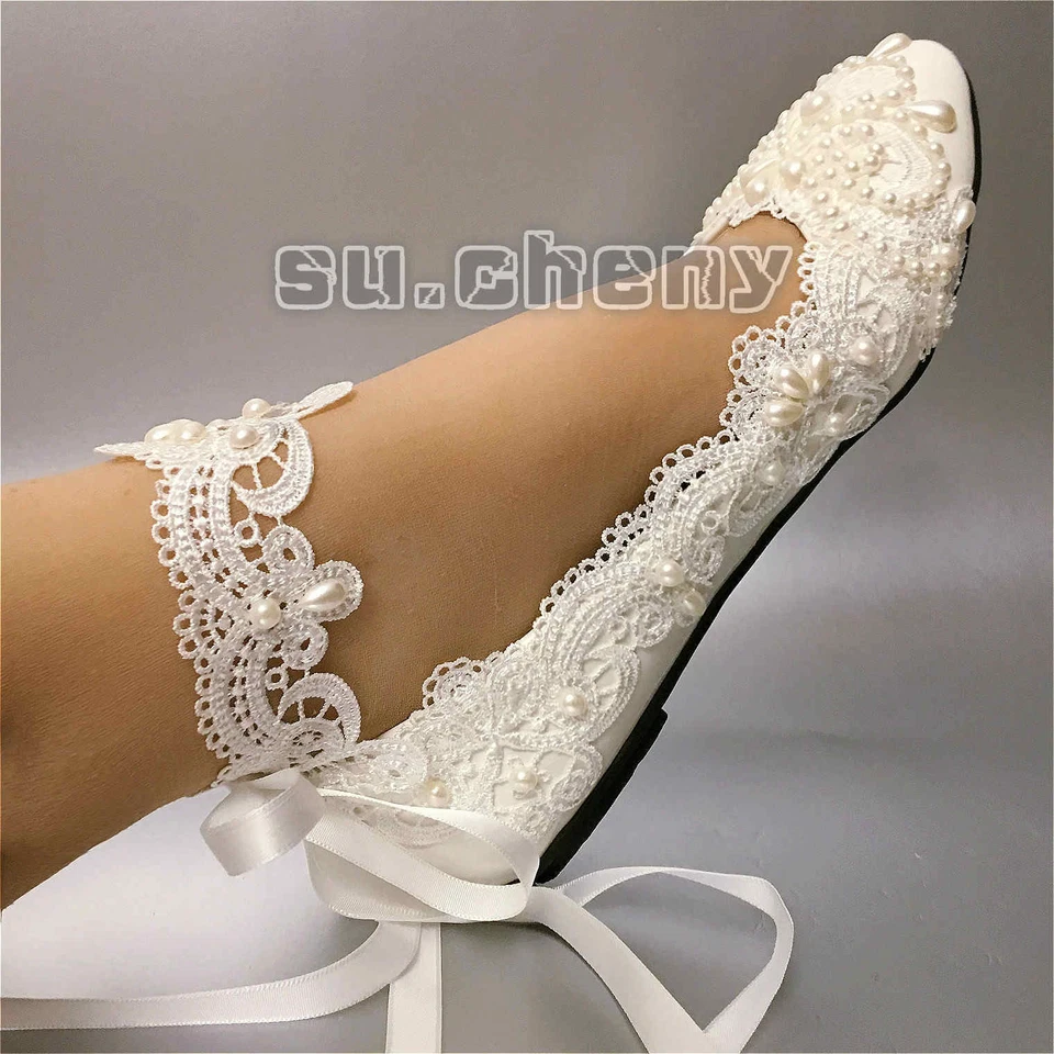 su.cheny Light ivory white pearls flats ballet Wedding shoes Bridal size 5-13 - Image 2 of 4