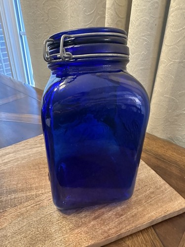 VTG Cobalt Blue Clamp Granny Glass 1879 Jar 2 Pc Canister Set Farm’s Products - Picture 7 of 22