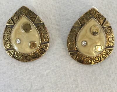 Boucles D'oreilles Pendantes Vintage - Composite Laqué, Oxydes, Micro Perles - Occasion