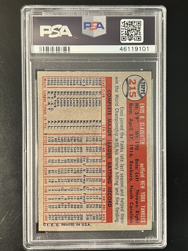 1957 Topps Enos Slaughter #215 PSA 6 EX-MT - Picture 2 of 2