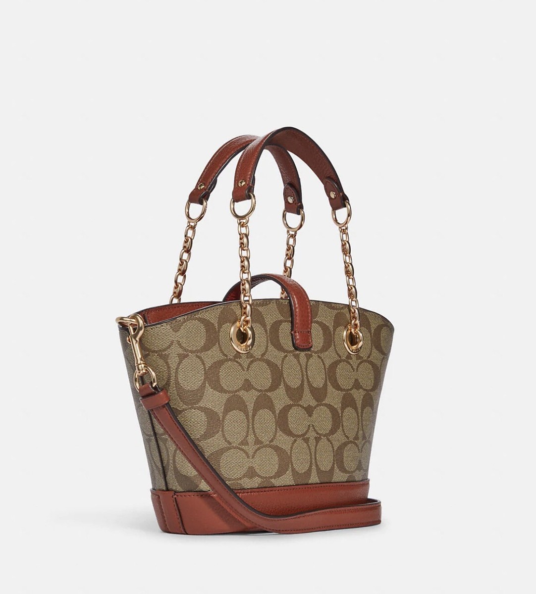 Coach Signature Turnlock Chain Tote 2Way Crossbody Bag Khaki Multi
