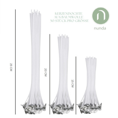 nunda Kerzendochte- 50 Stk pro Beutel- 15cm- 20cm-25cm, Baumwolle