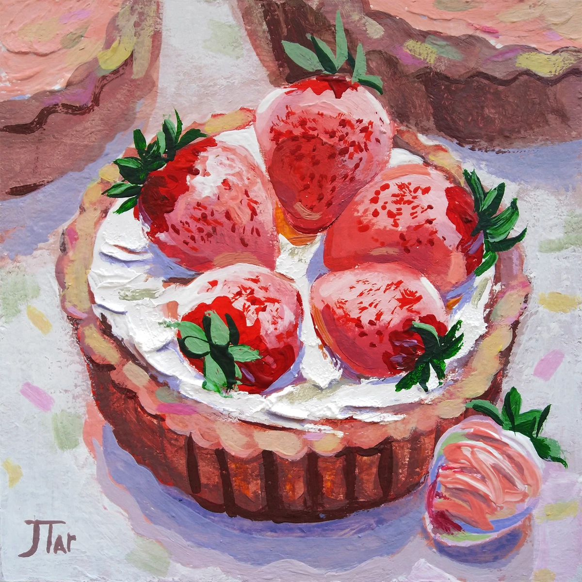 Original Painting Still Life Food Art 5x5 Chocolate Covered Strawberry Tart Cake