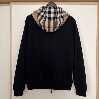 【BURBERRY】Check Hood Cotton Relax Fit Zip-Up Hoodie Check Hood Cotton Blend Zip Hoodie in Black/birch brown