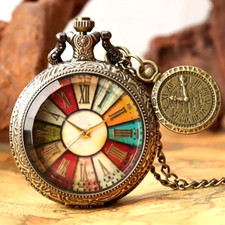 Antique Colorful Roman Numeral Dial Quartz Pocket Watch Necklace Gift Men Women