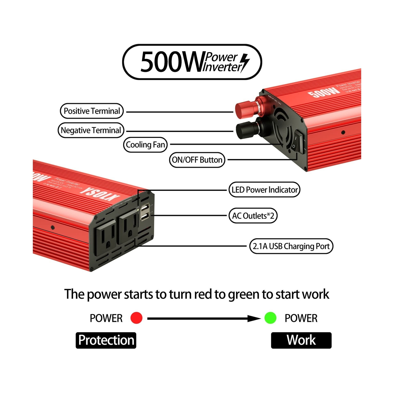 YSOLX 500W Power Inverter DC 12V to 110V AC Converter with 2 USB Ports