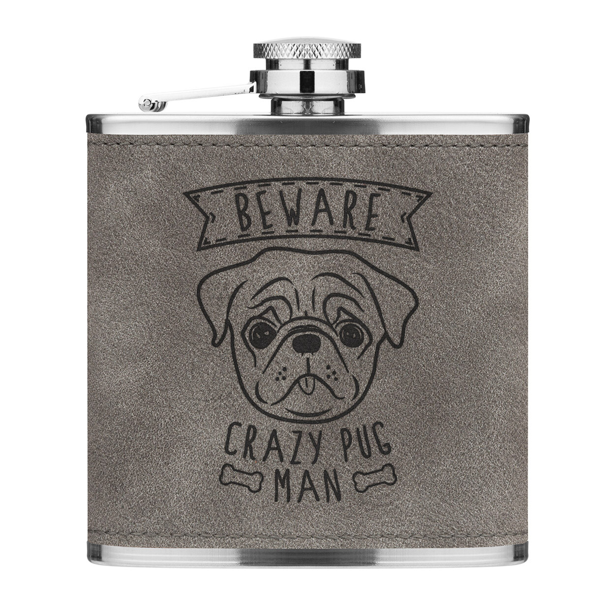 Beware Crazy Pug Man 6oz PU Leather Hip Flask Grey Funny Dog Animal Puppy