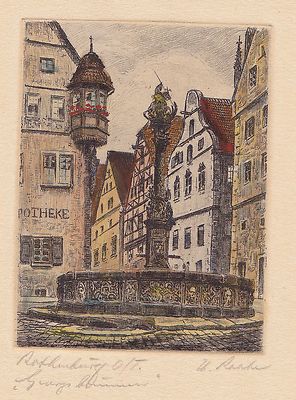 Rothenburg O.T.- Georgsbrunnen-signed: ''...Raabe'' color etching