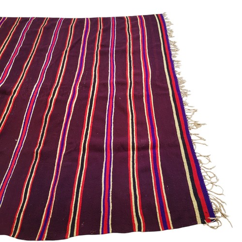 Vintage Handmade Moroccan Fringe Rug Burgundy Striped Beige Wool Carpet - Picture 10 of 24