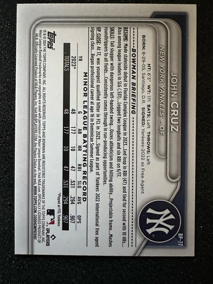 2024 Bowman Paper #BP-77 John Cruz Pink /175 1st Bowman New York Yankees - Image 2 of 2