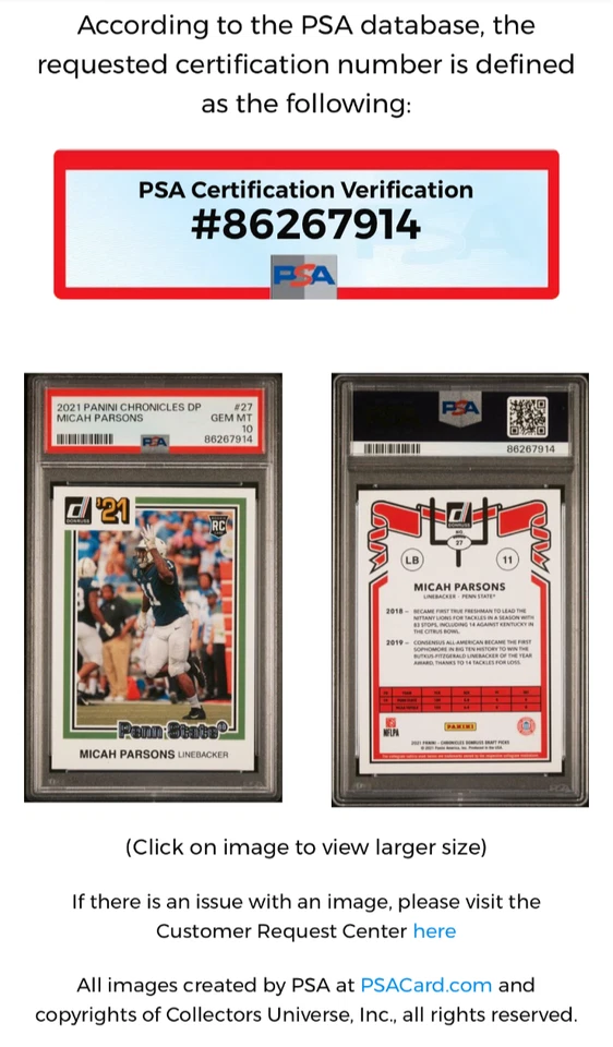 2021 CHRONICLES DP MICAH PARSONS DONRUSS ROOKIE CARD PENN STATE #27 RC PSA 10 🔥 - Image 4 of 4