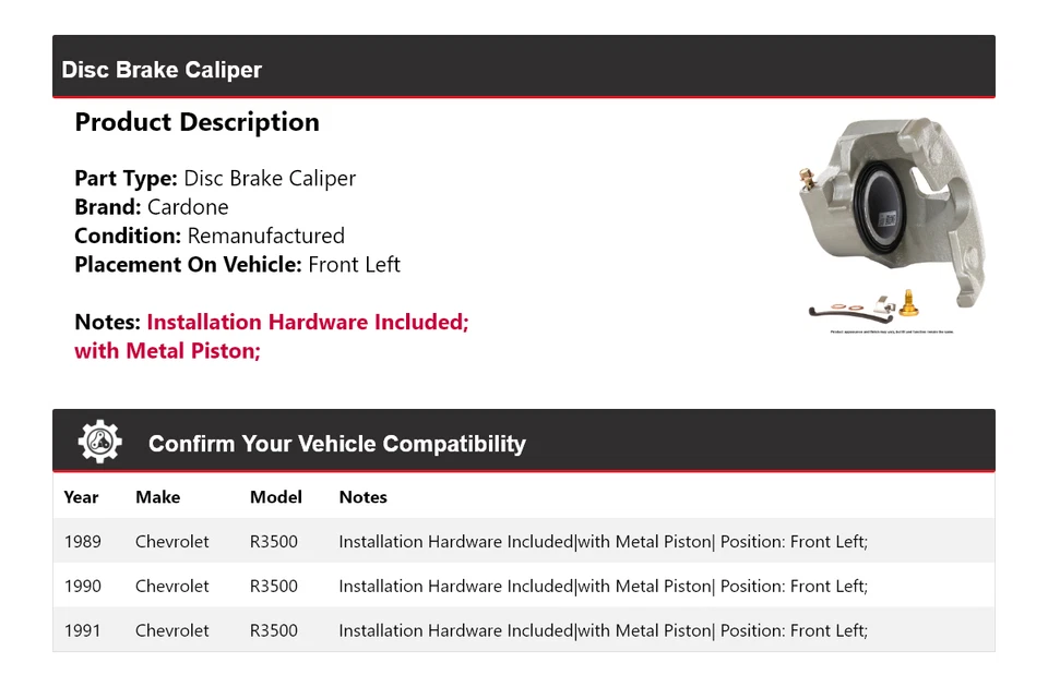 Pinza de freno de disco delantera izquierda cardone 1990 para Chevrolet R3500 1989-1991 Foto 2 de 4