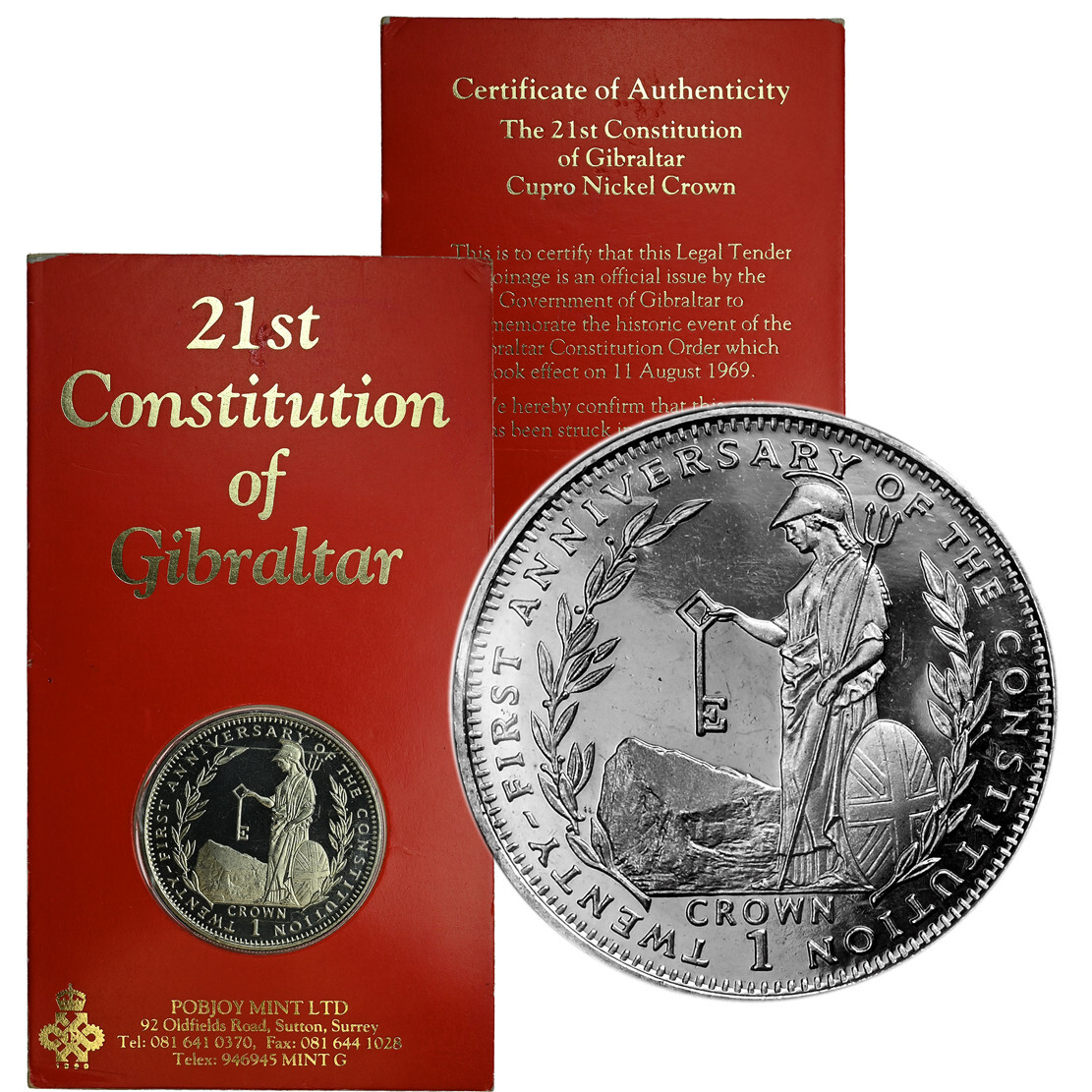GIBRALTAR 1 Crown 1990 Prooflike '21st Anniversary of Constitution