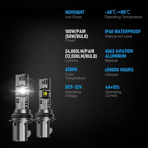 NOVSIGHT 9007 HB5 LED Headlight Bulbs Bright 6500K 24000LM High Low Beam Canbus - Picture 11 of 16