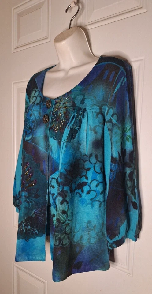 Suéter Cárdigan ND New Directions Azul Adornado Manga 3/4 Talla Grande Foto 4 de 4