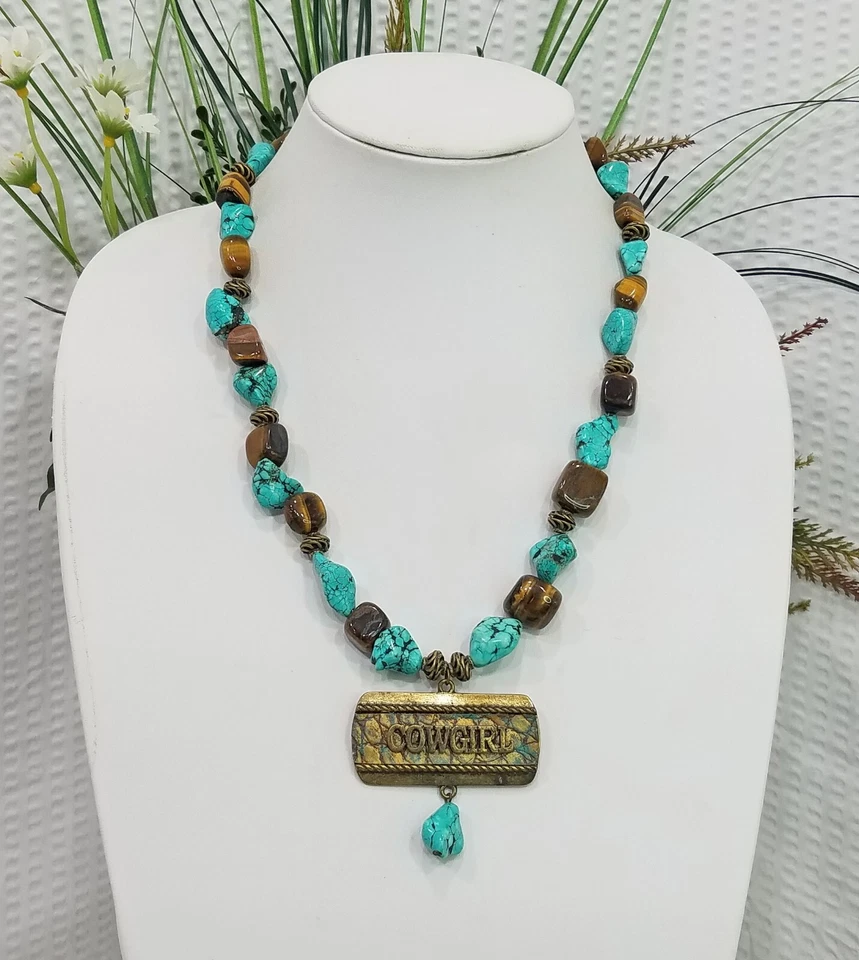 Grueso SW Latón Howlita y Ojo de Tigre Pepita con Latón Vaquera Colgante Collar Foto 4 de 4