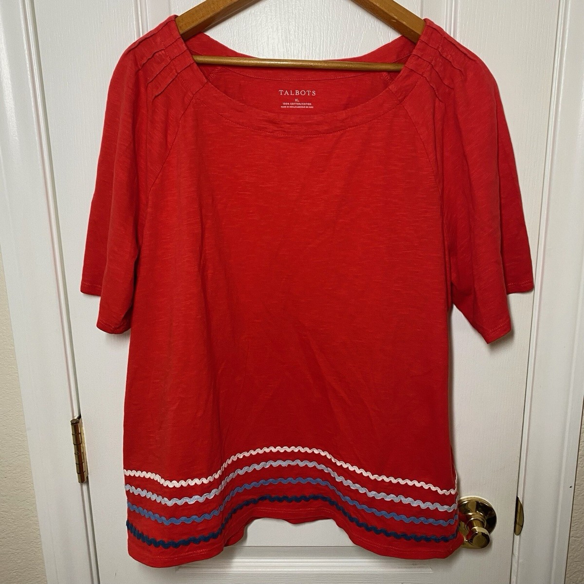 Talbots Red Blouse Top Scoop Neck Short Sleeve Cotton Classic