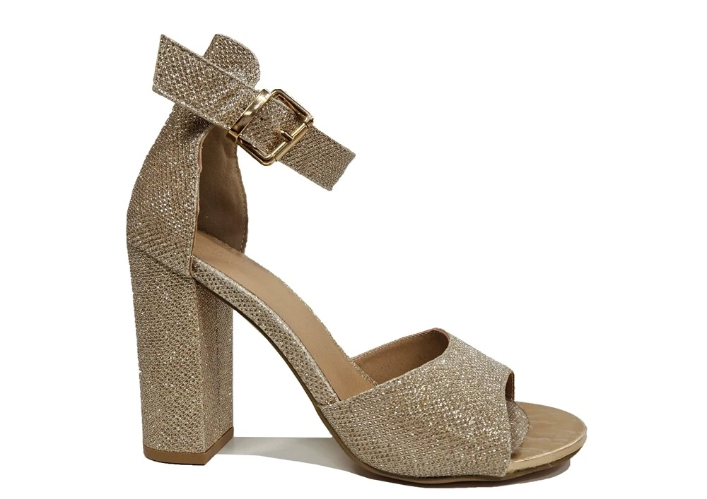 Gold High Heels Womens Ankle Strap Wedding Shoes Sandals Size UK Block Heel