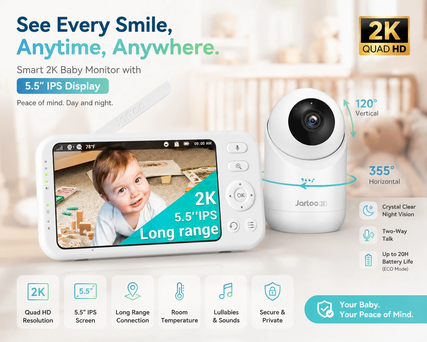 Baby Monitor Camera 2K Video 5.5" Display Night Vision 2-Way Talk VOX Long Range
Opens in a new wind