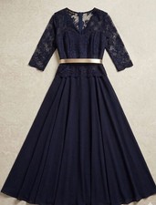 V-Neck Lace  Chiffon Prom Dress - Dark Blue Wedding Guest Gown with Gold Waistb