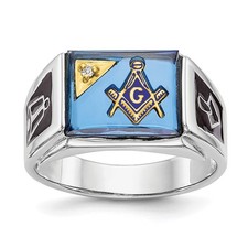 14k White Gold Textured Black Enamel, Diamond & Blue Spinel Masonic Ring Sz 10