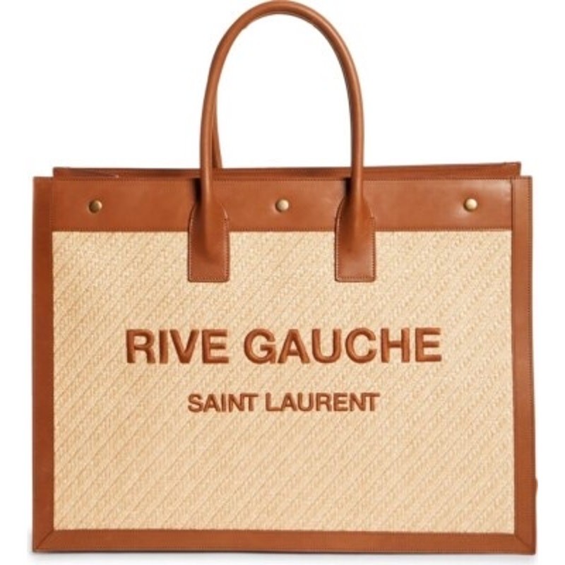SAINT LAURENT Rive Gauche Embroidered Raffia Leather Tote Bag Natural New With Tags