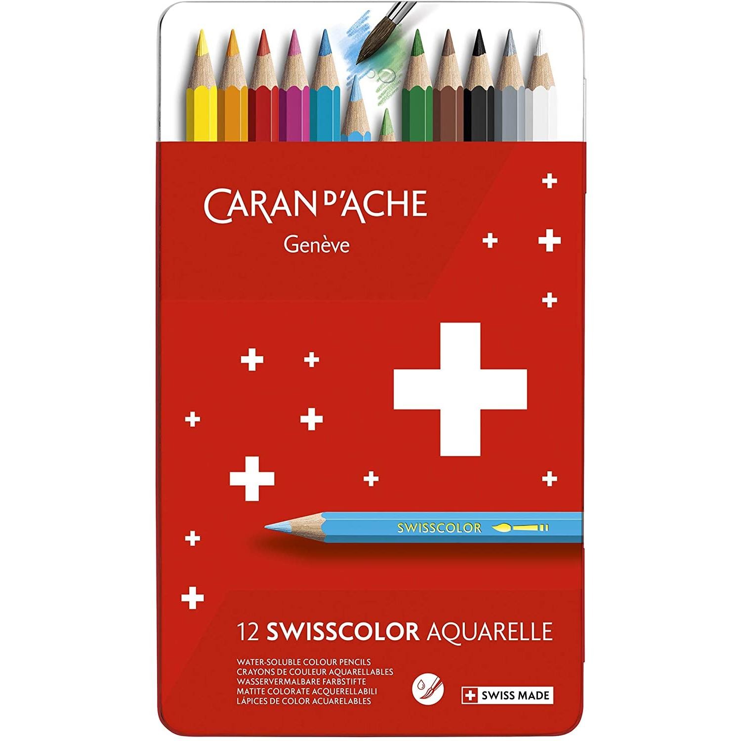 Crayons de couleur Swisscolor Caran d'Ache | Étui métal de 12 pièces