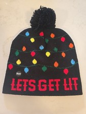 Let's Get Lit LIGHT UP Christmas Hat - Red Knitted Beanie Holiday Hat with Deer