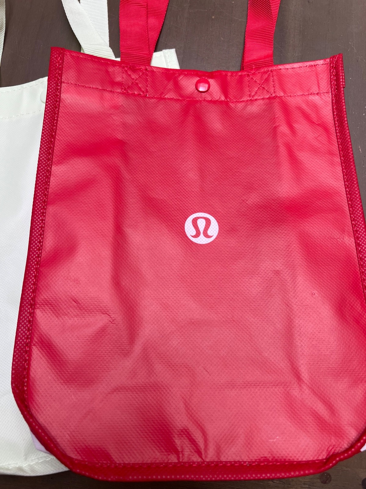 NEW TWO LULULEMON SMALL, SHOPPING TOTE, BAG, MINT GREEN & RED, REUSABLE image 6