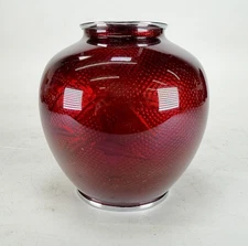 Pigeon Blood Red Japanese Inaba Cloisonné Enamel Vase Urn 4.75”