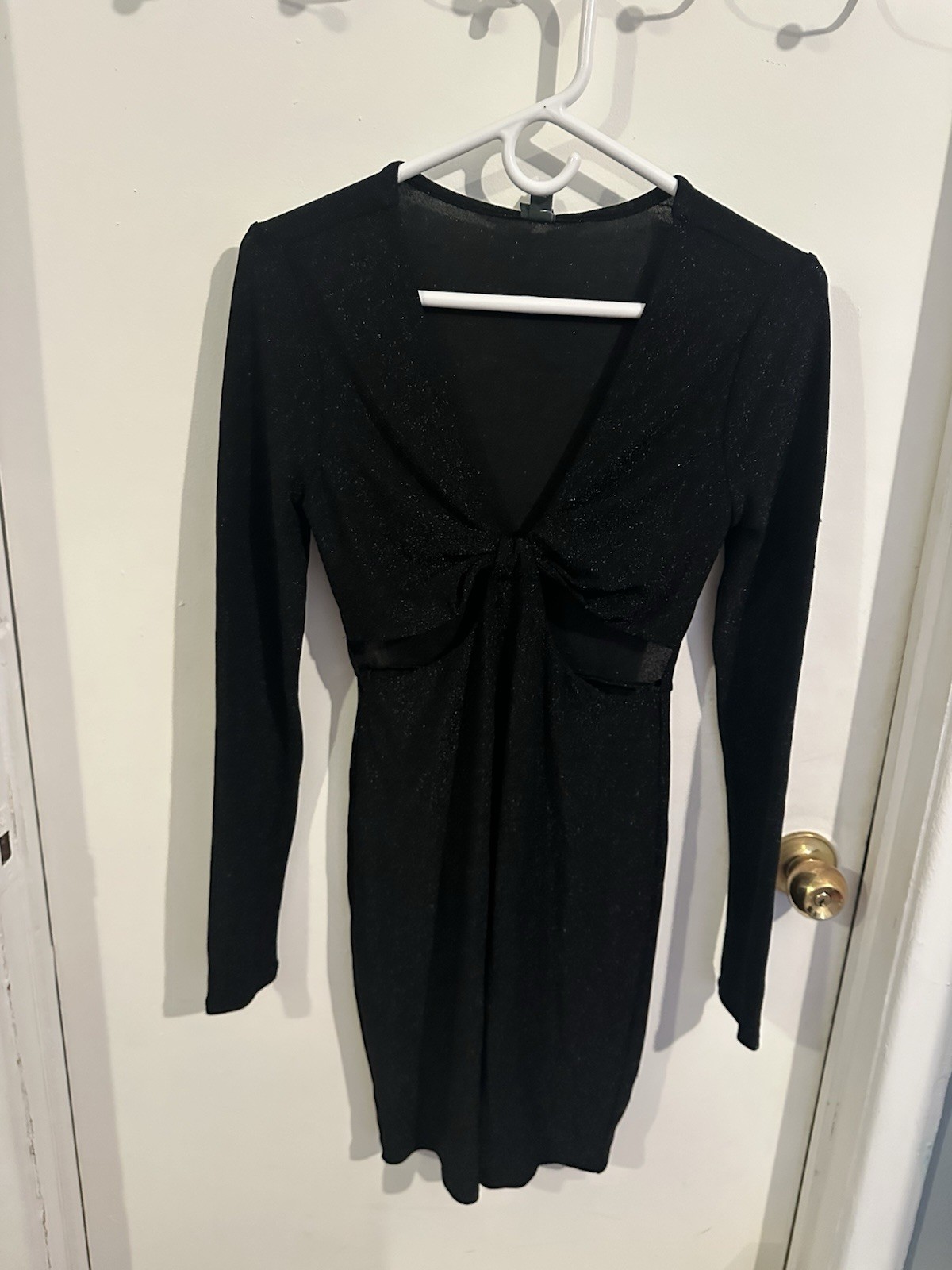 Wild Fable Black Solid Metallic Knit Glitter Mini Dress V-Neck Long Sleeve S
