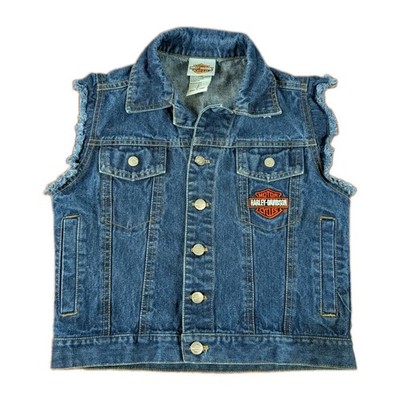 VTG Harley Davidson Vest Kids S/8 Blue Denim Distressed Embroidered Biker Logo