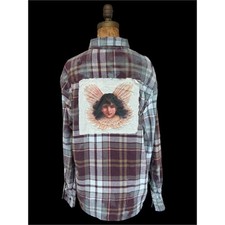 Upcycled Flannel Shirt w Vintage Angel Patch Cottage-core Boho Folk Art