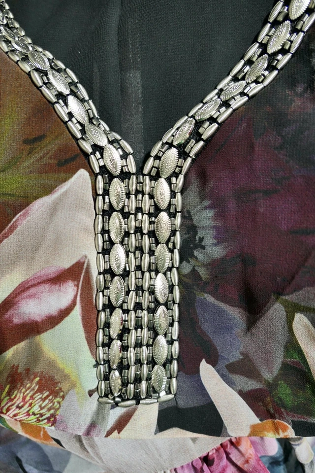 Marca Foley's Mexico Sheer Chiffon Silver Jewelry A line Sheath Belt Dress M - Image 4 of 4