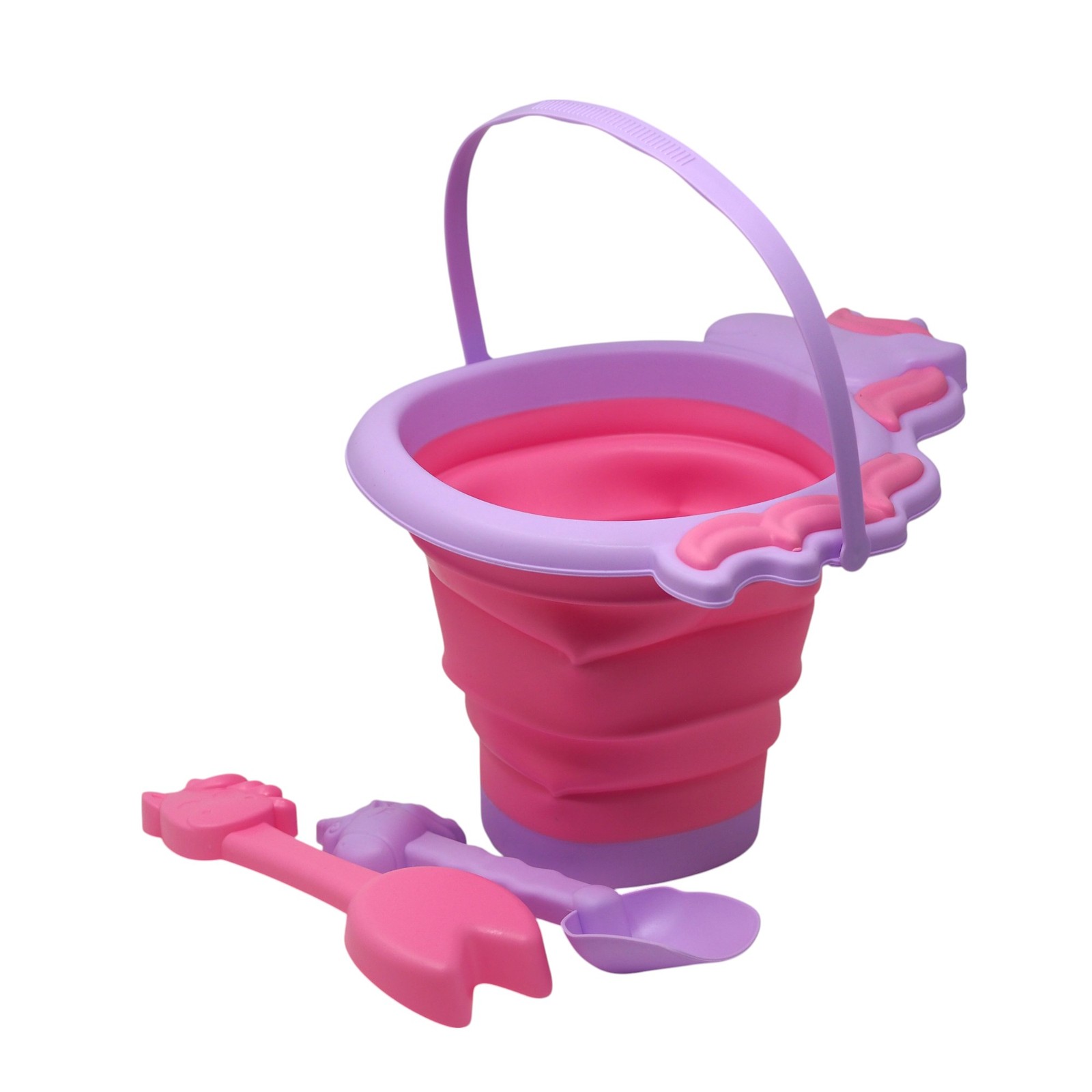 Collapsible Beach Bucket and Spade Set - Foldable Pink Unicorn Design
