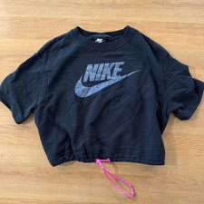 Nike Women Black Cropped Pullover Sweatshirt Glitter Swoosh Drawstring Small