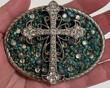 VTG Ladies Belt NOCONA Large Cross Buckle with clear rhinestones and turquoise