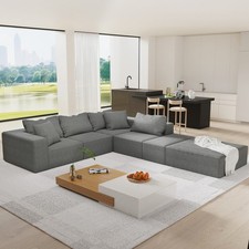 Modern Grey L-Shaped Sectional Sofa Set with Pillows  Chenille Upholstery