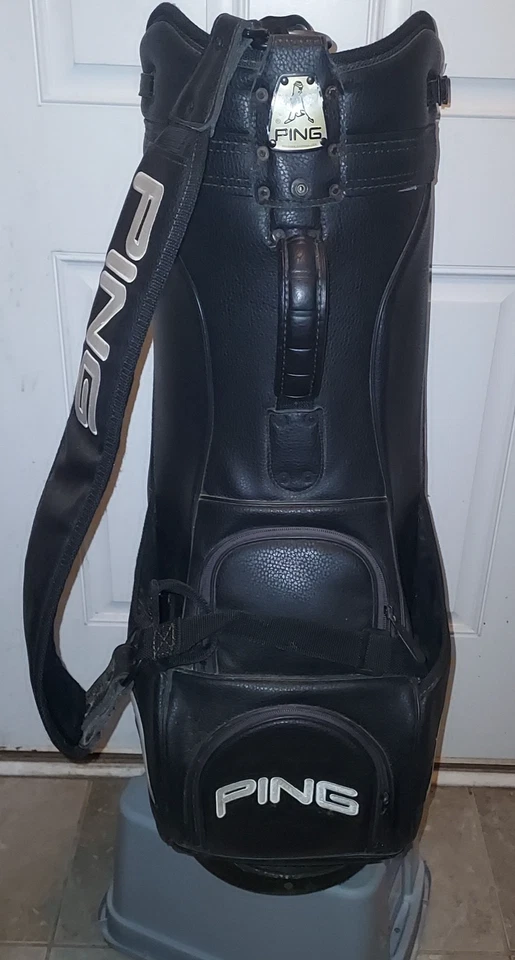 Ping Men's Golf Staff Bag Black Leather 6-Way Top w/ Rain Cover Vintage - Image 4 of 4