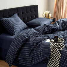 Striped Cotton Duvet Cover Set, Navy Blue, Queen