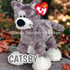 🩶 CATSBY 🩶 2006 Ty Beanie Babies Grey & White Fuzzy Tabby CAT Standing *MWMT*