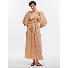 Madewell V Neck Balloon Sleeve Maxi Dress Spiral Dot Tan Smocked Boho US 00 NWT