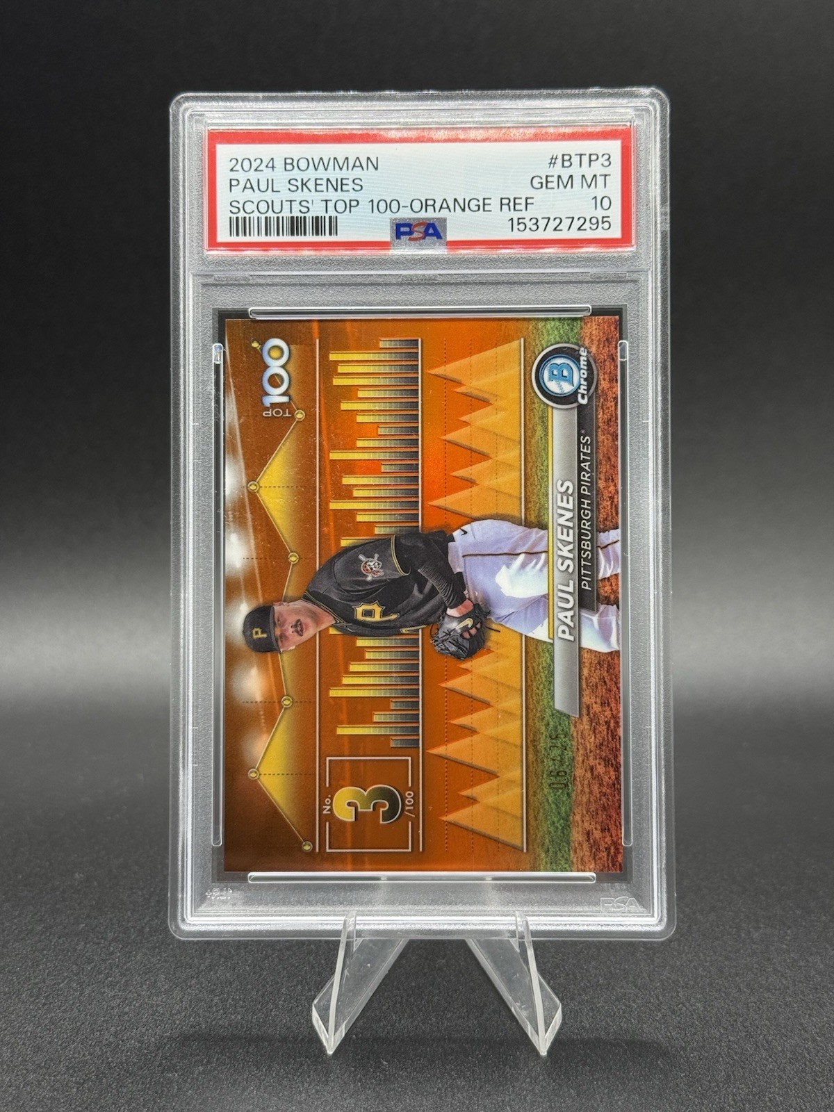 2024 Bowman - Paul Skenes Bowman Scouts Top 100 Orange Refractor /25 (RC) PSA 10 view 3