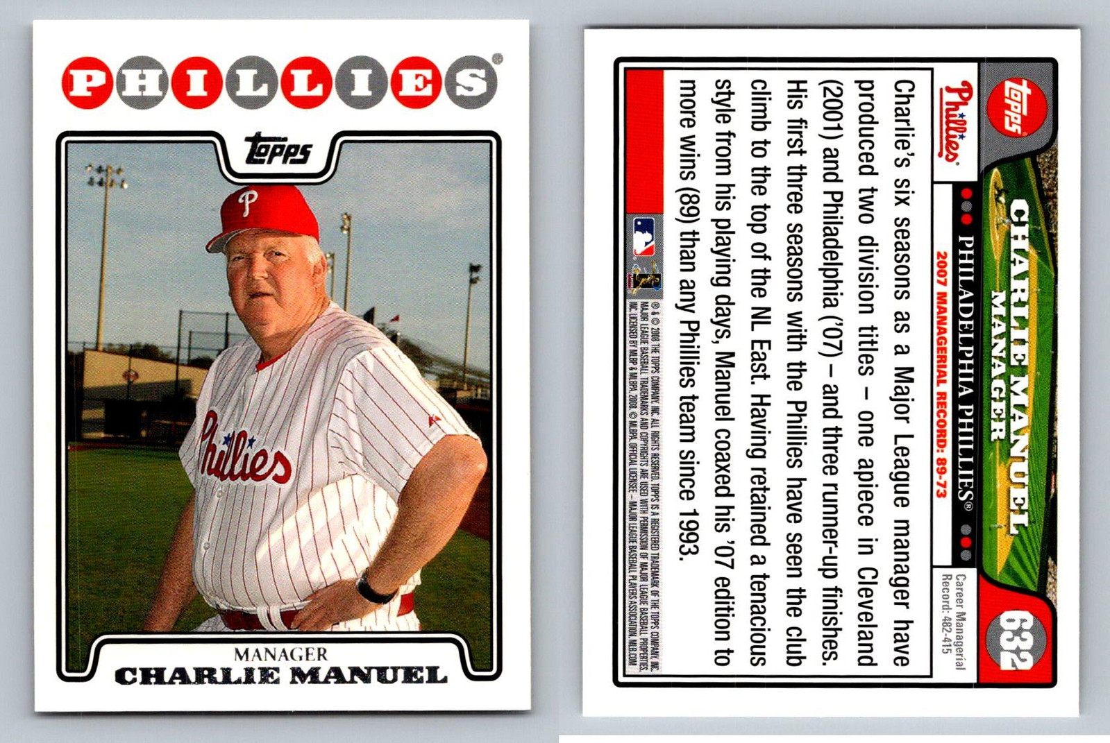 Charlie Manuel 2007 Topps Phillies Manager Card 632 Baseball Collectible