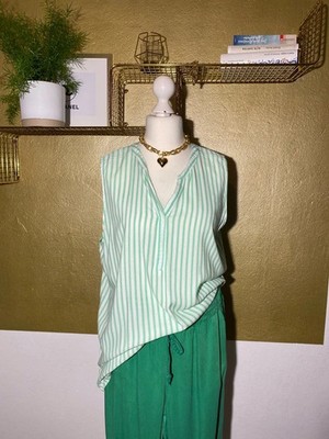 Page One ärmellose Blusen-Long-Top XL 42/44 hinten länger Cremeweiß-lindgrün