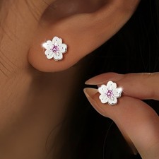 Women's Elegant Pink Rhinestone Ear Studs Cherry Blossom SMALL Earrings Copper