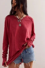 WE THE FREE Arden Tee Sz XS Berry Red Long Sleeve Oversize Slub Knit 100% Cotton
