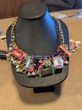 Betsey Johnson Halloween Candy Gems Spider Cat Charm Bib Necklace Glow in Dark